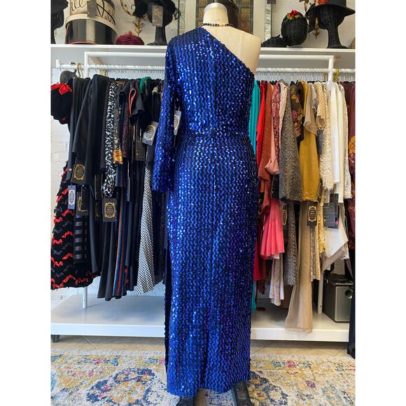 vintage 1980s metallic blue sequin one shoulder fitted gown by Climax, medium - Picture 10 of 10